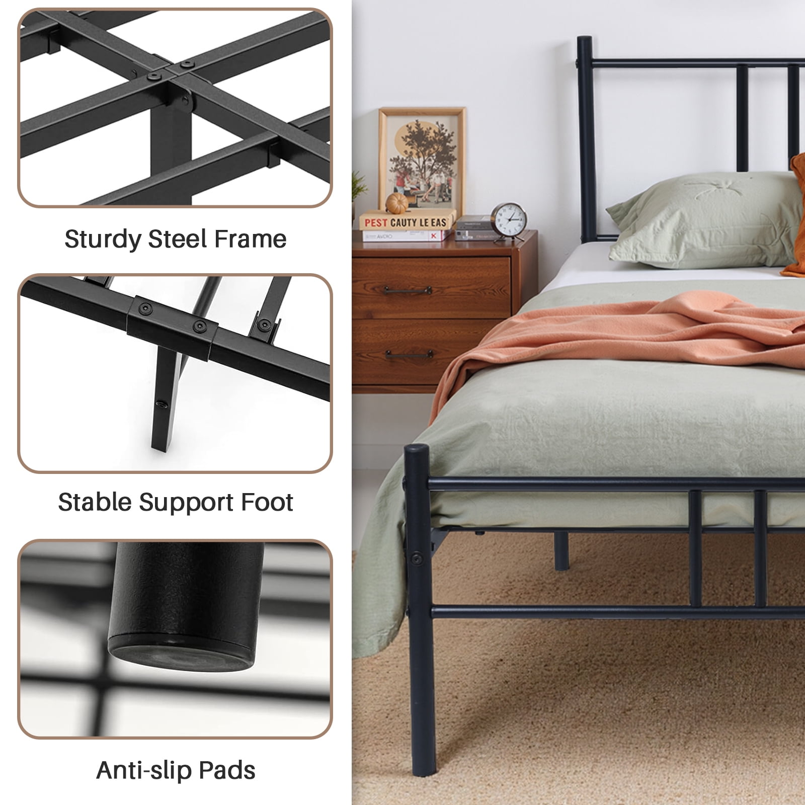 Full Bed Frame, Upholstered Full Size Platform Bed Frame with Headboard, Wood Slats Support, No Box Spring Needed, Noise Free, Black