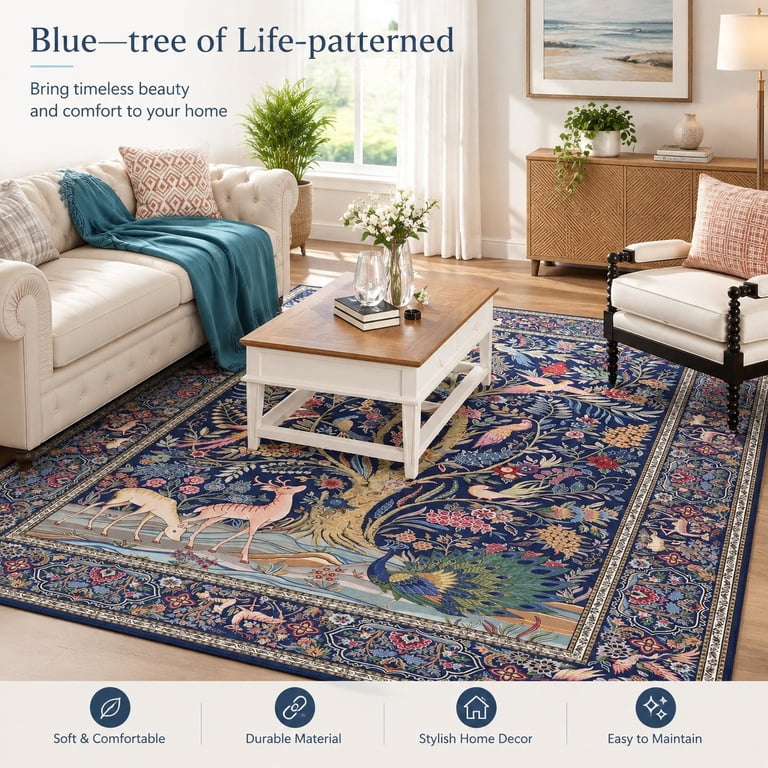 Large Area Rug 8x10 Washable Non Slip Blue Tree of Life Pattern Carpet ...