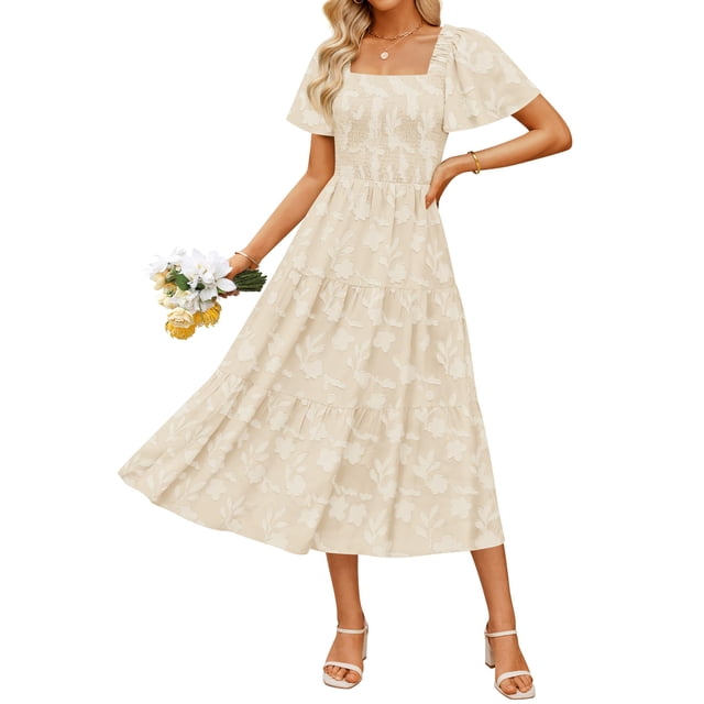Vestido ZESICA para mujer, estilo bohemio, floral, midi, color albaricoque