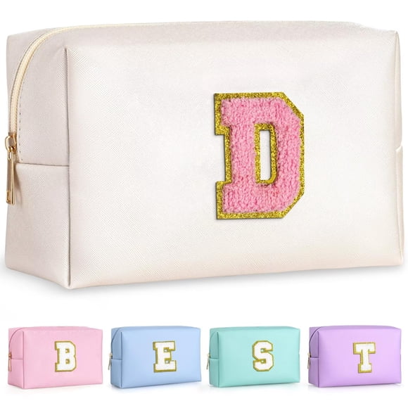 TOPEAST - Neceser pequeño de chenilla con cremallera, diseño de letras, de cuero sintético, impermeable, regalo de cumpleaños personalizado para mujer, ideal para niñas (blanco perlado D)