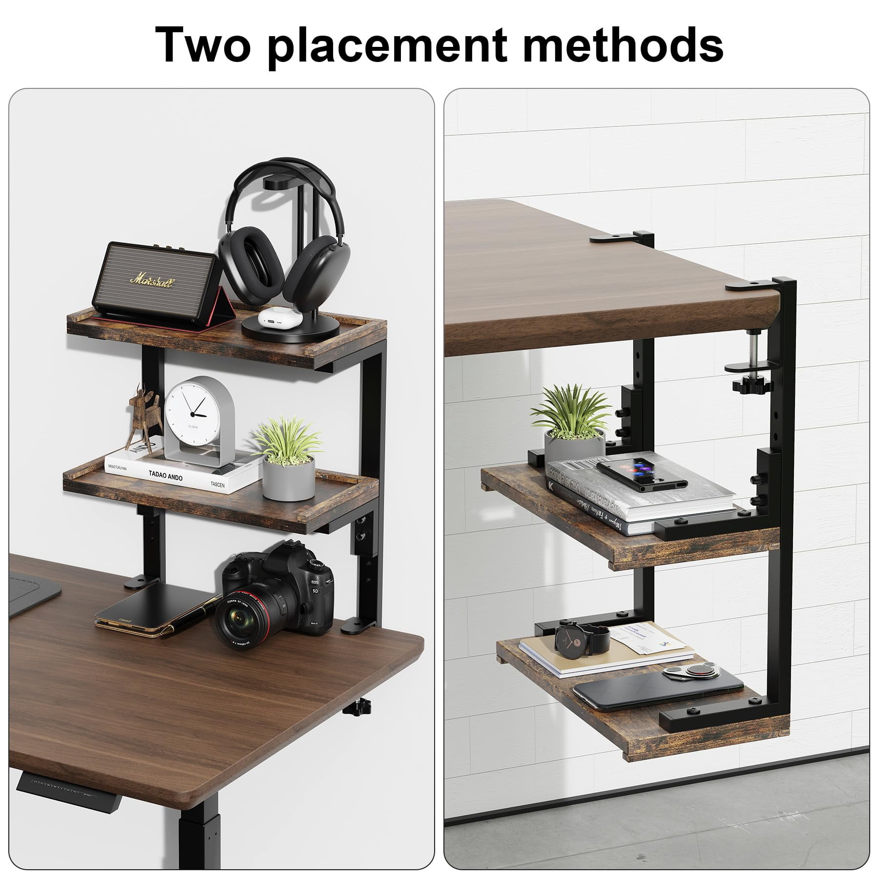 2-tier Desk Shelf  Expandable Under Storage Clamp On Desktop Accessories For Offices Study Rooms And Game (wood)