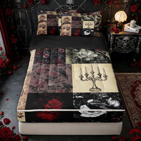 Erosebridal Gothic Patchwork Zipper Twin Comforter Sets with Fitted Sheet and 2 Pillowcases for Women Men, Crimson Floral Skull Crow Art Zipper Bedding Set, Black Reversible, 4pcs