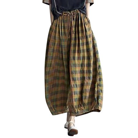 

qipaqil Women s Cotton And Linen Plaid Pants Lace Elastic Waist Loose Radish Maternity Pants for Women Business Casual
