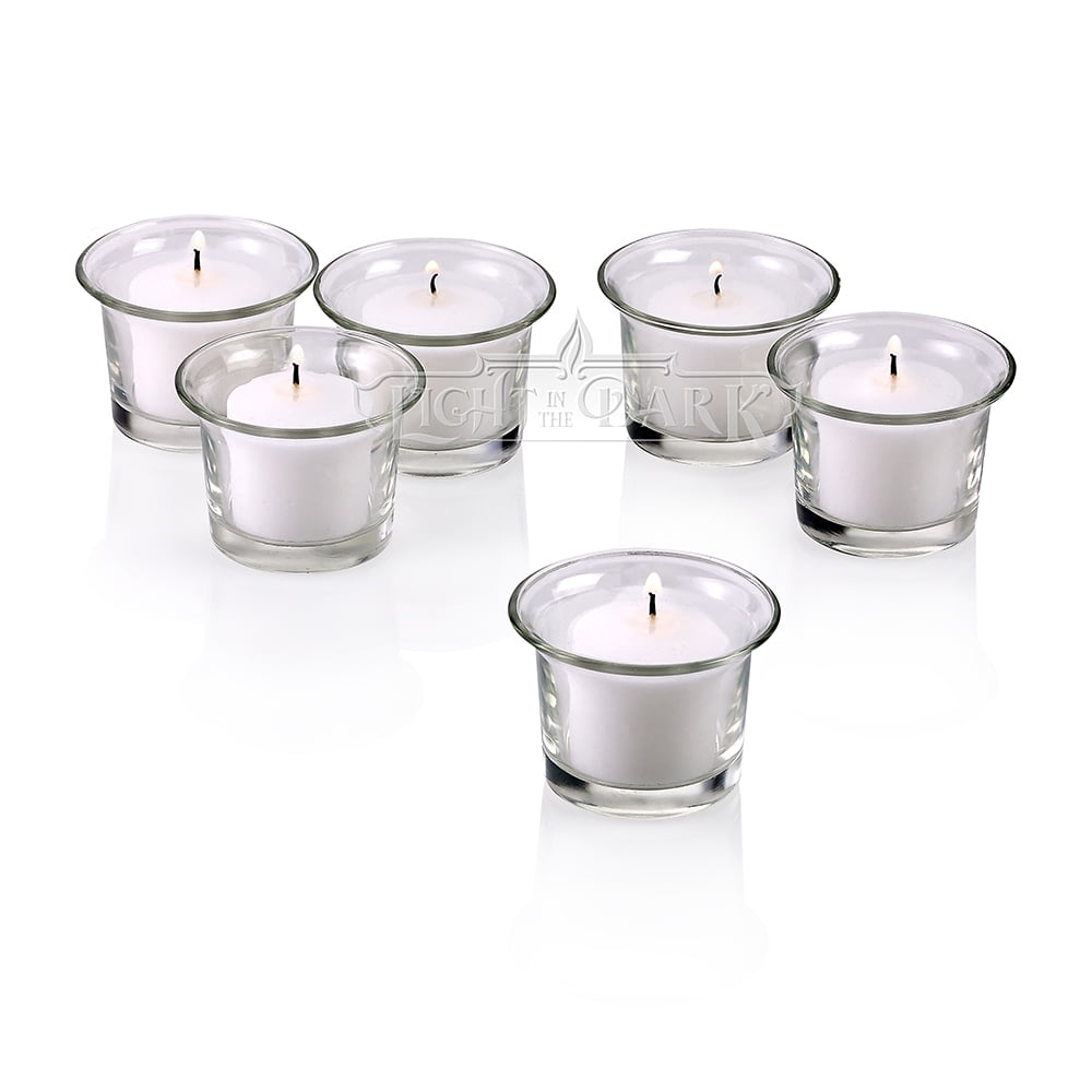 Clear Glass Lip Votive Candle Holders With White votive candles Burn 10 Hours Set of 12
