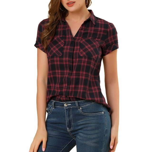 INSPIRE CHIC Chemise à Carreaux pour Femme en Coton Style Boyfriend à Boutons devant à Manches Courtes