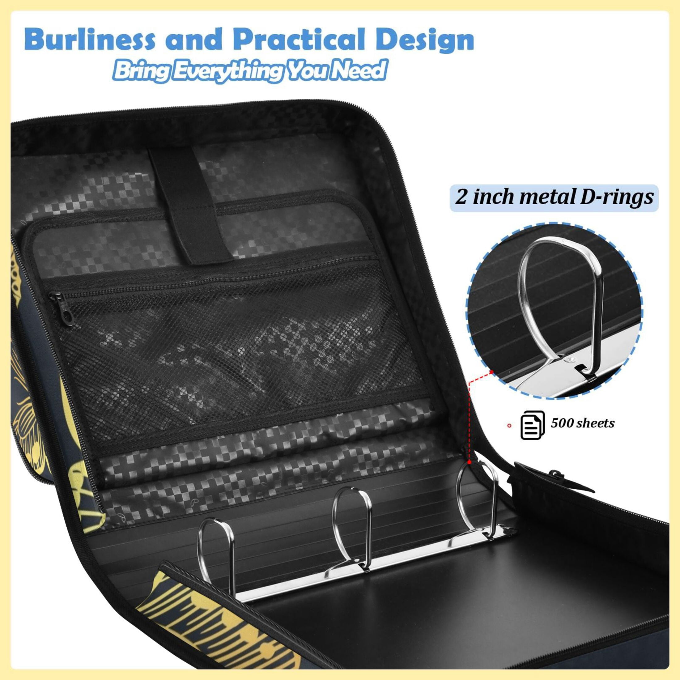 ALAZA Zipper Binder Golden Butterfly Pattern 2 inch 3 Ring 500 Sheet Capacity Trapper Keeper File Folder Organizer Bag