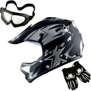 1Storm Youth Motocross Helmet BMX MX ATV Dirt Bike Helmet HBOY Matt Star Black + Goggles + MG Youth Black Glove Bundle