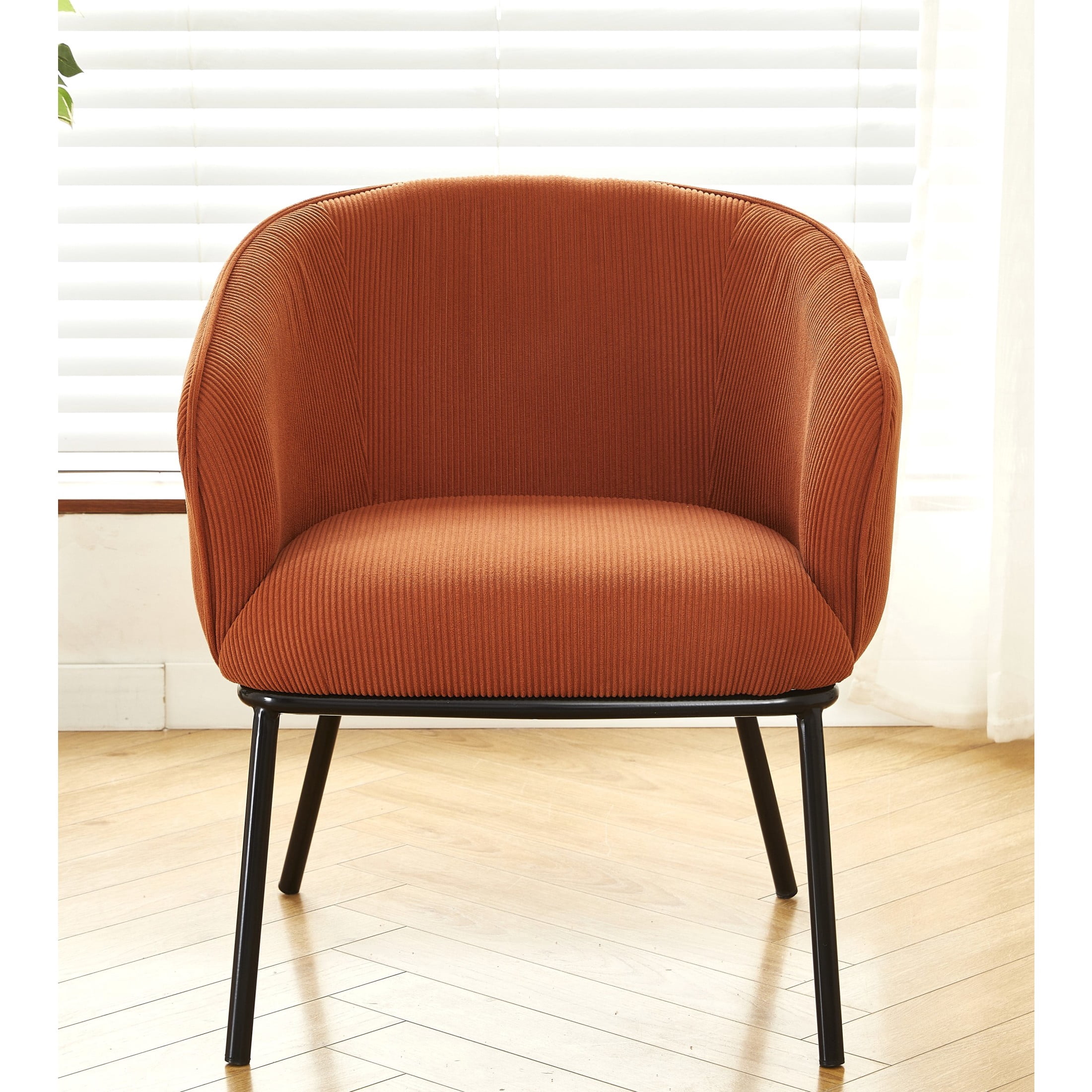 GDF Studio Mid-Century Modern Barrel Accent Chair with Corduroy Upholstery & Metal Legs, Orange