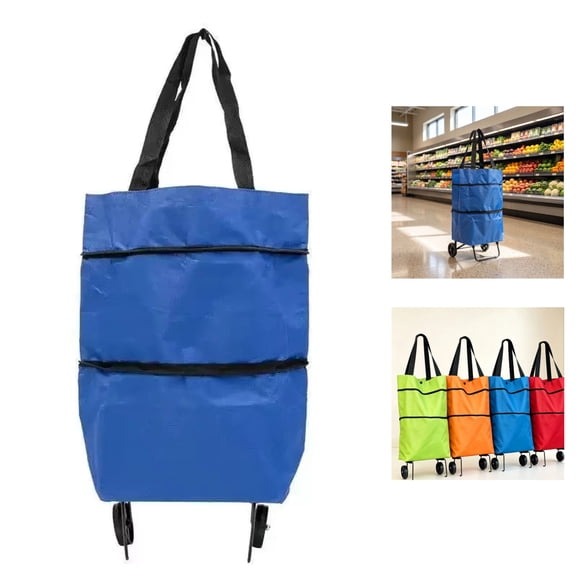 Foldable Shopping Bag with Wheels, Heavy Duty Oxford Cloth Portable Grocery Cart, Collapsible Rolling Trolley for Seniors, Supermarket, Market & Home Use, Blue