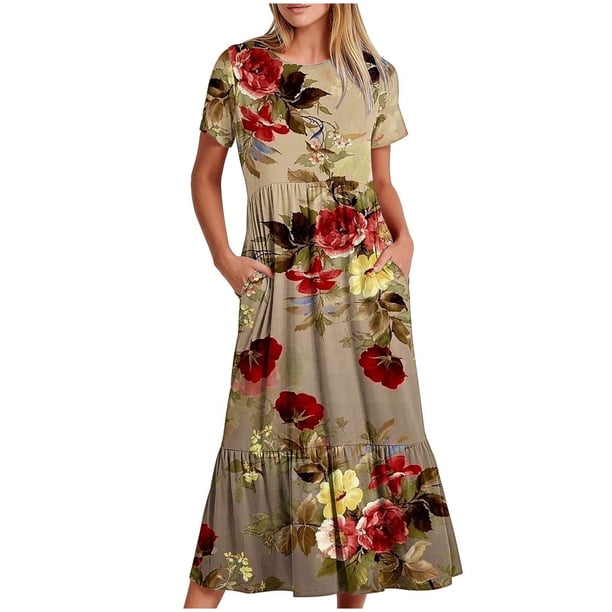 Puntoco Vestido Midi De Moda Para Mujer Vestido Con Cuello Redondo Y Manga Corta Con Doble Bolsillo Y Estampado Floral Color M,Regalos Para Mujer Joven