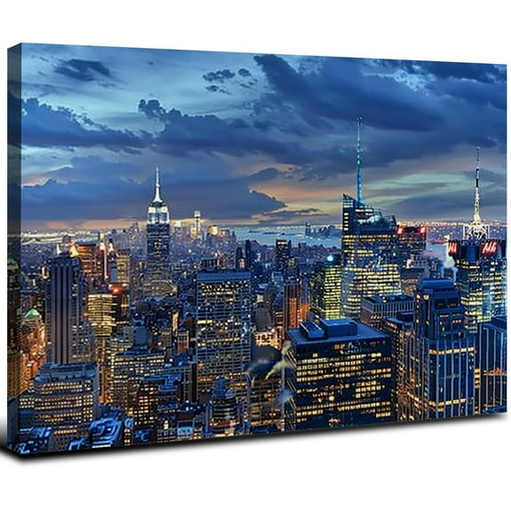 New York City Wall Art NYC Skyline Wall Art Picture for Living Room Decorations Manhattan Skyscraper Canvas Poster Modern Office Wall Decor Blue Night Cityscape Panoramic