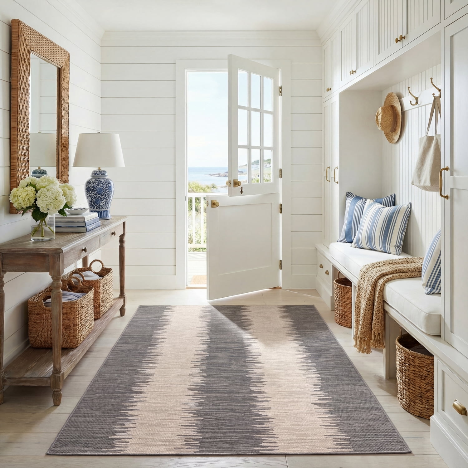 SAFAVIEH Courtyard Alexa Striped Indoor/Outdoor Area Rug, Beige/Anthracite, 5'3" x 7'7"
