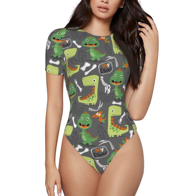 Balery Cartoon Dinosaurs Body de cuello redondo de manga corta para mujer Tops de manga corta Tops básicos-Medium