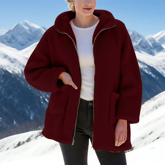Womens Fleece Hoodie Jacket Winter Warm Soft Fluffy Fuzzy Teddy Hooded Coat Full Zip Up Thick Sweatshirt Cardigan with Pockets Ladies Sherpa Hoodie Blanket Jumper Hoody Sweater Overcoat Wine M