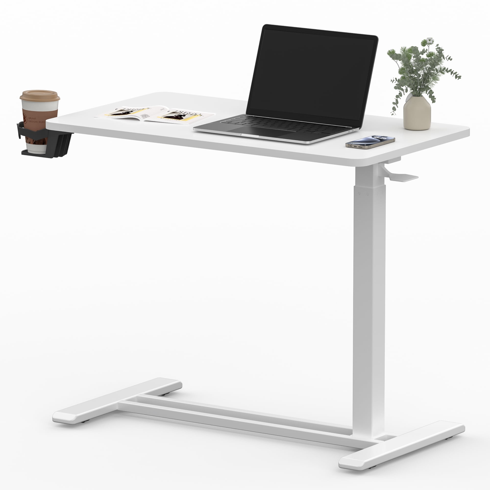 FitStand Height Adjustable Medical Bed Table with Hidden Casters, Rolling Laptop Desk with Cup Holder, Small Pneumatic Sit Stand Desk for Home Office, Sofa or Bedside Use, 32"x18", White