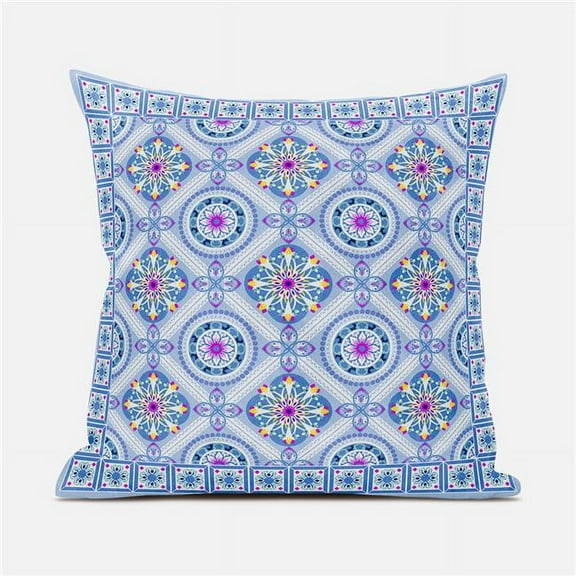 Mandala Floral Tiles Throw Pillow with Removable Cover in Sky Blue Purple Yellow 16x16