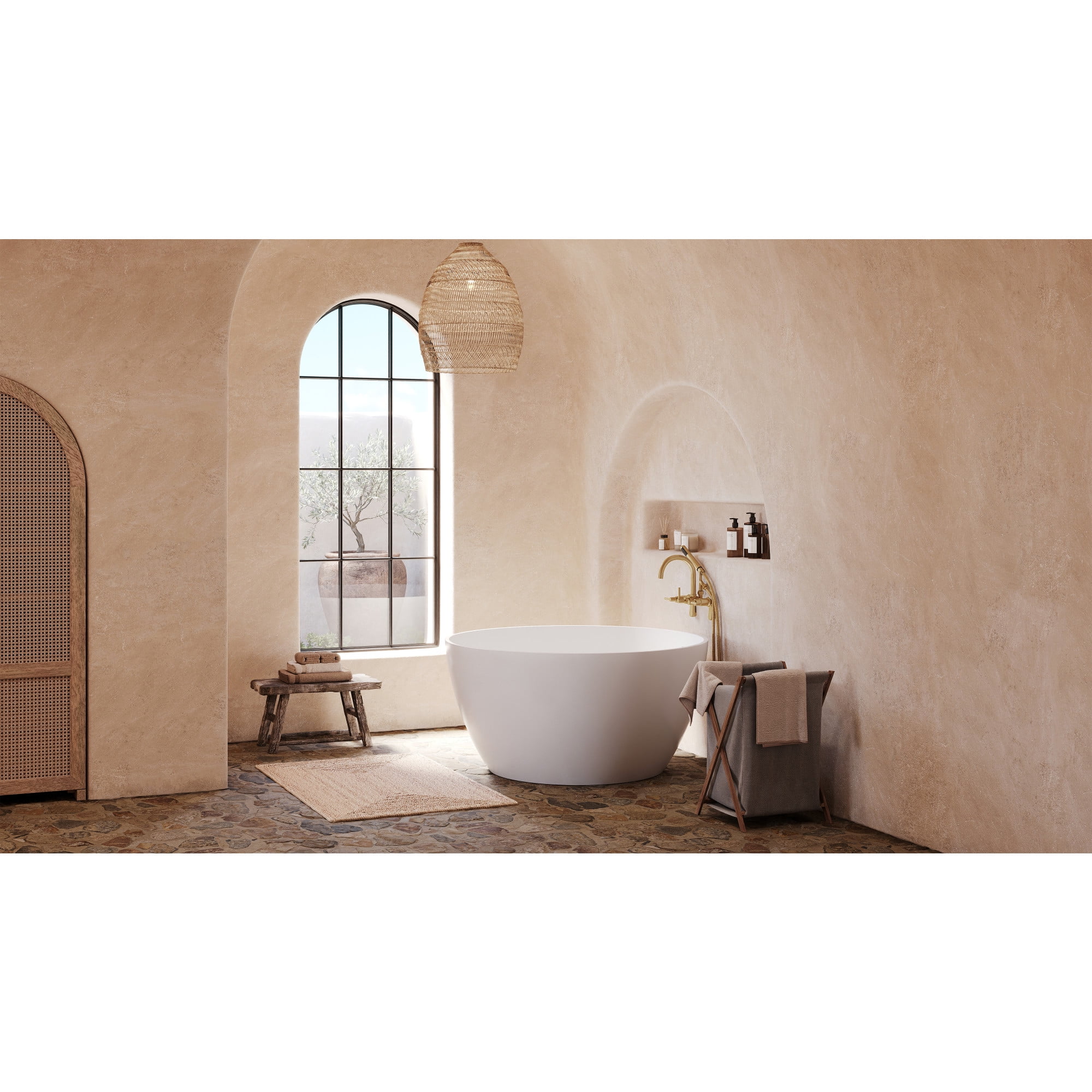 Kingston Brass KRTRO4545157DL 45-Inch Solid Surface Round Double Ended Freestanding Tub with Faucet Combo and Drain in Brushed Brass