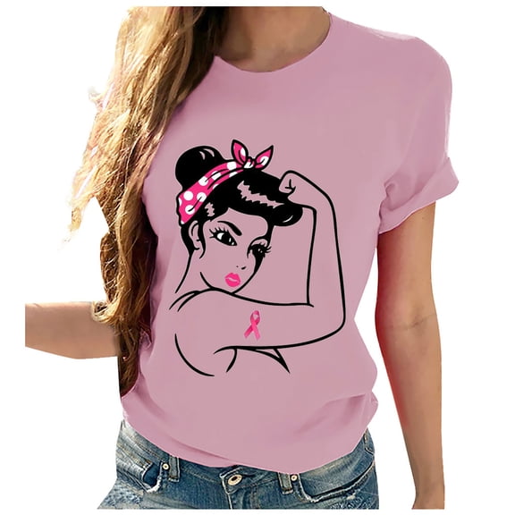 WREESH Womens Fashion T-Shirts Spring Summer Casual Round Neck Printed Short Sleeved T-Shirt Top Pullover Pink