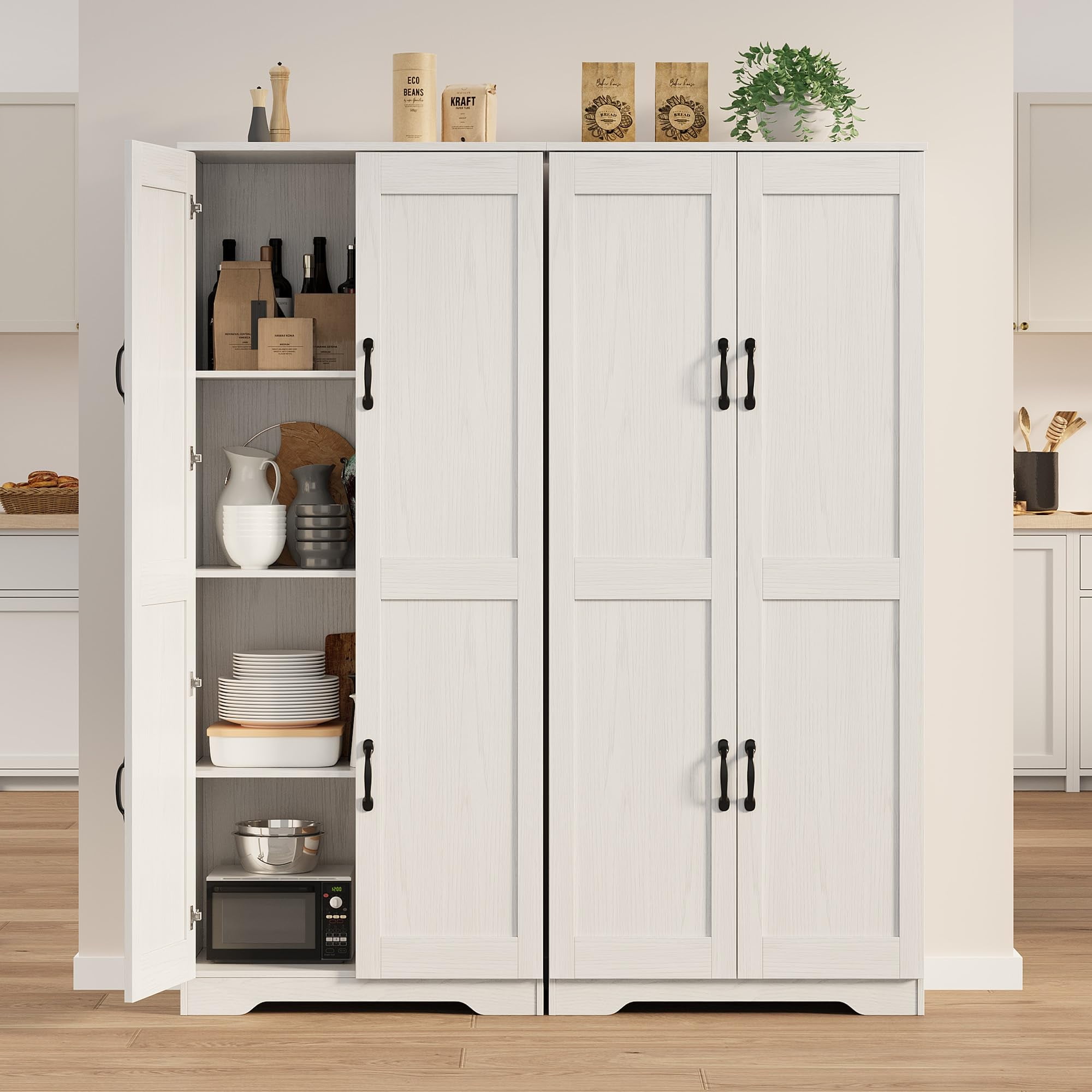 Juiluna Tall Pantry Cabinet, 60" Kitchen Pantry Storage Cabinet with 2 Doors and Adjustable Shelves, Freestanding Kitchen Cabinet, Cupboard for Dining Room, Bathroom, Reto White