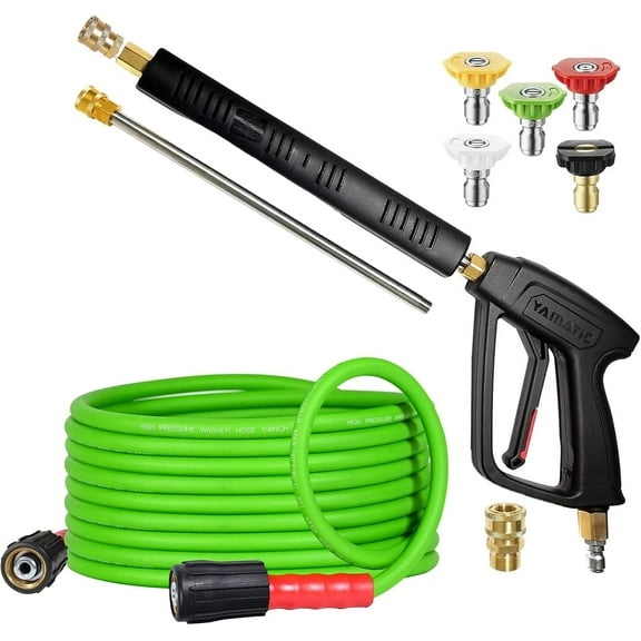 YAMATIC Pressure Washer Gun with 25FT Flexible Hose, Stainless Steel Wand, 3/8" Swivel Quick Connect & M22-14mm Adapter, Replacement for Ryobi, Simpson, Honda (Green)