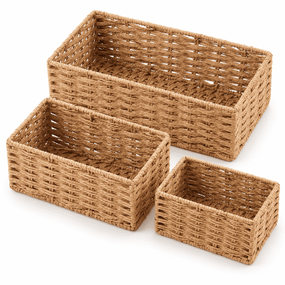 Wicker Storage Baskets Set of 3, Handwoven Woven Basket for Organizing and Shelves, Multi-Size Small Baskets for Home Decor, Pantry, Bathroom, Living Room
