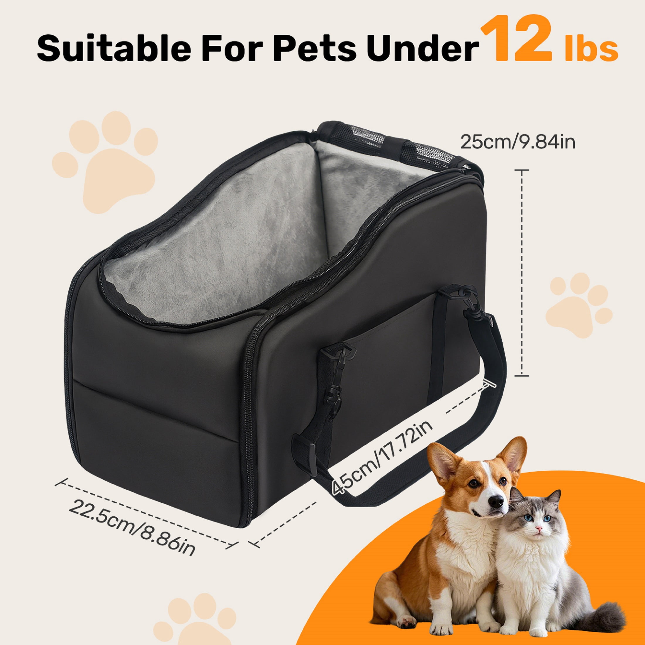 Pet Booster Seat For Cars, Dog Car Carrier With Safety Harness, Portable Travel Vehicle Pet Bed for Small Dogs, Cats Easy-Clean & Sturdy Construction, Black