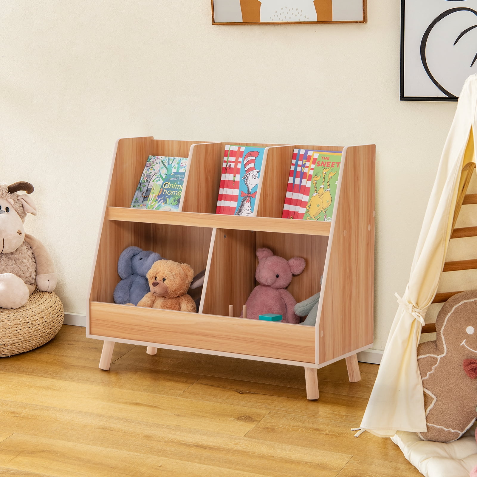 Infans 5-Cube Kids Bookshelf and Toy Organizer Wooden Storage Bookcase w/ Wood Legs