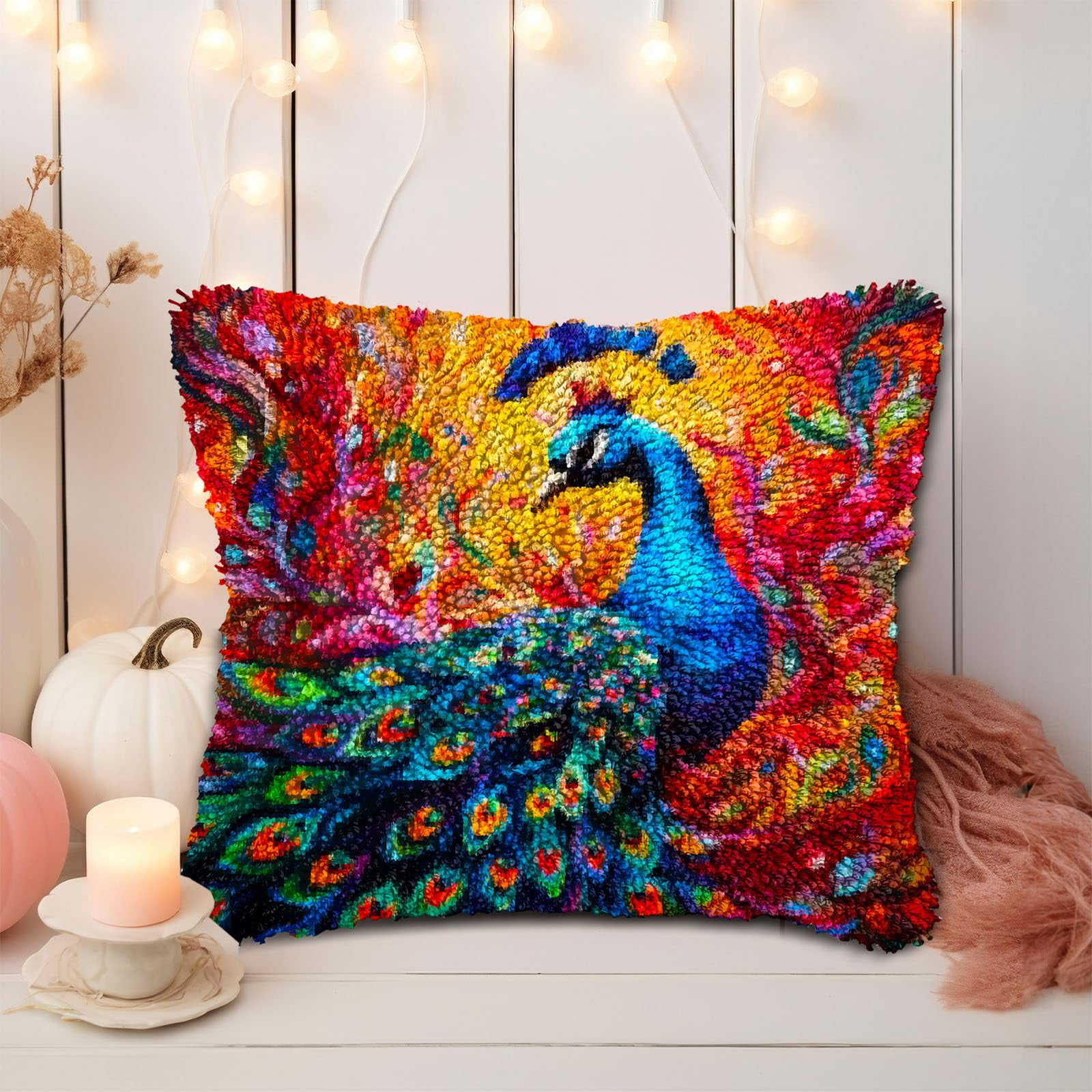Colorful Peacock DIY Latch Hook Pillow Kits for Adults Printed Pillowcase Crochet Yarns Hooking Handmade Pillow Cover Cushion for Home Sofa Decoration 17x17inch