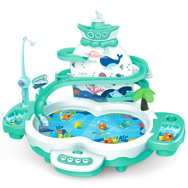 QualitChoice Kids Fishing Game Toys with Slideway Electronic Toy Fishing  Toy Set with Magnetic Pond Music Story for Kids light green