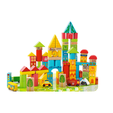 Bisontec City Transportation Wooden Building Blocks 100 pc