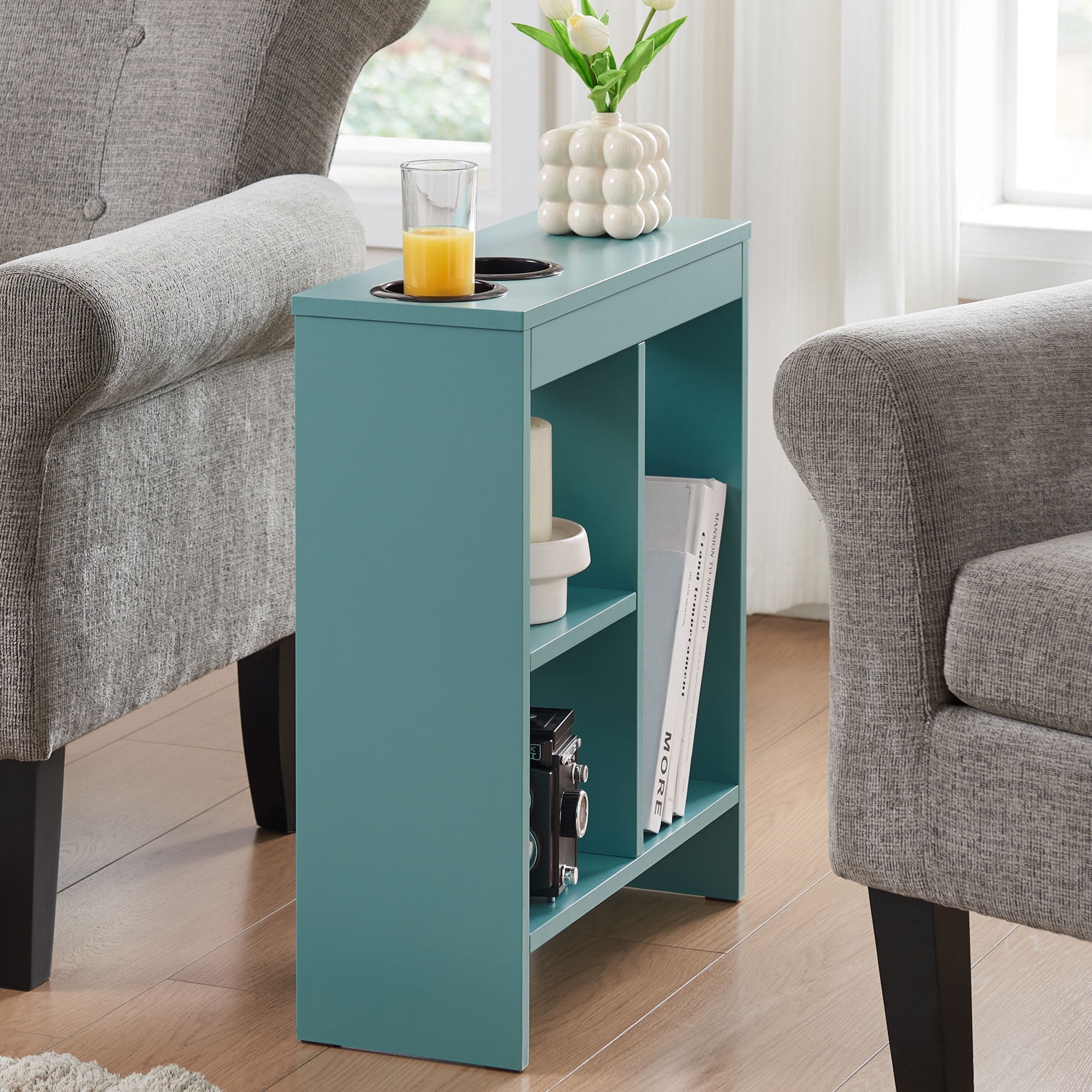 Kings Brand Furniture Slim Wood Side Table with Drink Holders and 3 Open Shelves, Teal