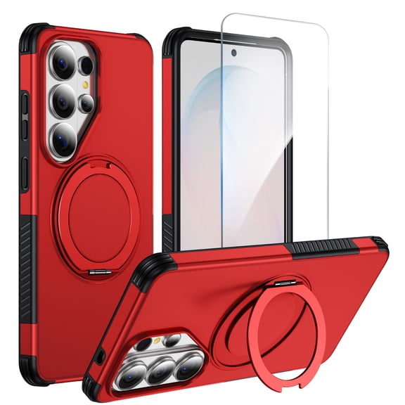 Mynvo Case for Samsung Galaxy S26 Ultra with Screen Protection, Built-in Ring Holder Kickstand Support Wireless Charging Non-Slip Anti-Fingerprint Shockproof Magnetic Back Cover, Red