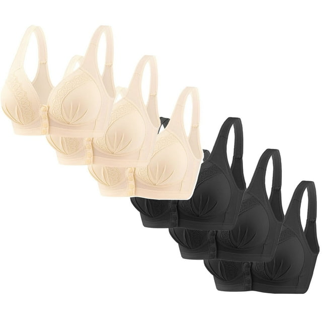 Kyusrd Front Open Bras For Women Button No Steel Ring Lace Pattern Wirefree Closeure Nursing Middle-Aged And Elderly Underwear Solid Color Oversized Push Up Lactation Open Seamless Daily Bra 6Pcs