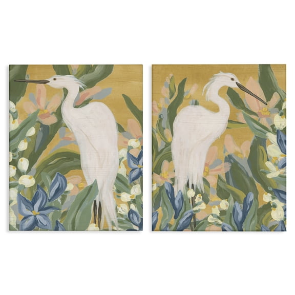 Stupell Industries Great Egret in Blooming Bushes Animals Painting Wrapped Canvas Art Print Wall Art, 24 x 30, Set of 2