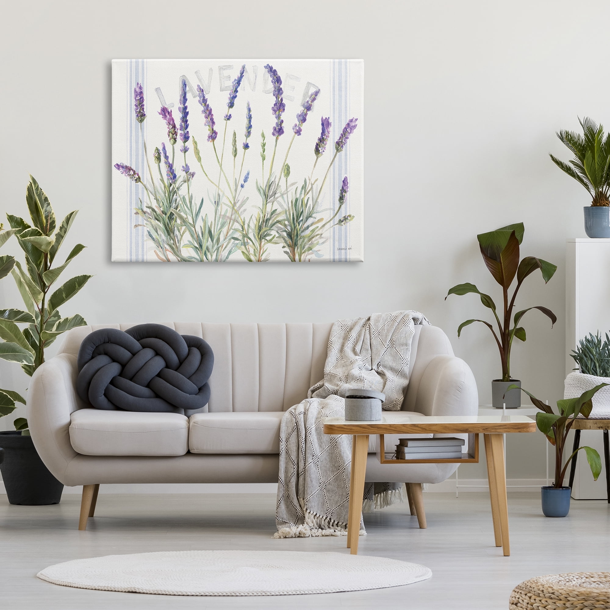 Design by Danhui Nai Lavender Floral Cluster Farmhouse Bistro Stripes 48 in x 36 in Painting Canvas Art Print, by Stupell Home Décor