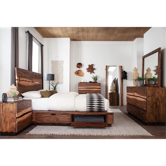 Maklaine 4-piece Wood Queen Storage Bedroom Set in Smokey Walnut