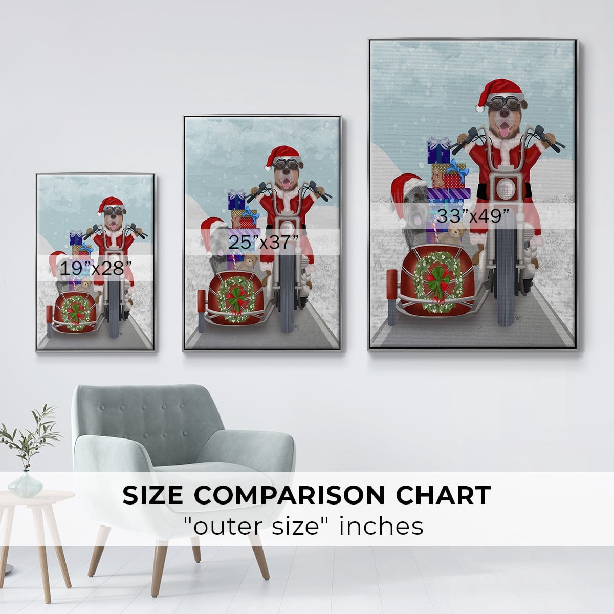 Christmas Mutts Christmas Chopper - Framed Gallery Wrapped Holiday Canvas - 17 x 25 - Silver Frame