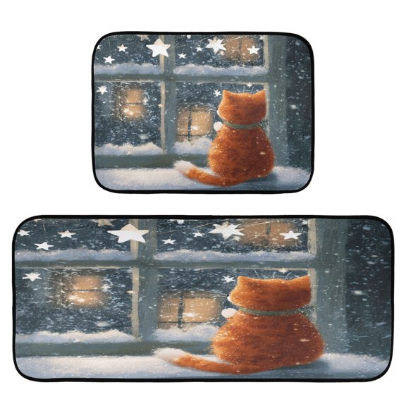 2-Piece Kitchen Rugs Set Non-Slip Mats Carpet Floor for Kitchen, Bathroom (19.7"x27.6" & 19.7"x47.2") Cat by The Window