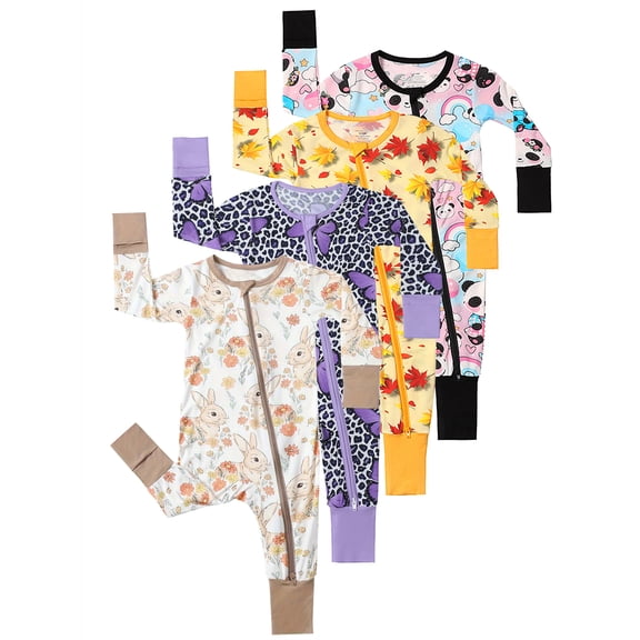 QEFJNO Bamboo Viscose Baby Girls One-Piece Footies Pajamas, Zipper Romper with Mitten, Footless Sleepers - 1PCS Rabbit