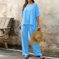 thumbnail image 7 of Ecqkame Two Piece Sets for Women Summer Casual Linen Top and Wide Leg Pants Lightweight Vacation Solid Color Outfit Set Blue XXL, 7 of 7
