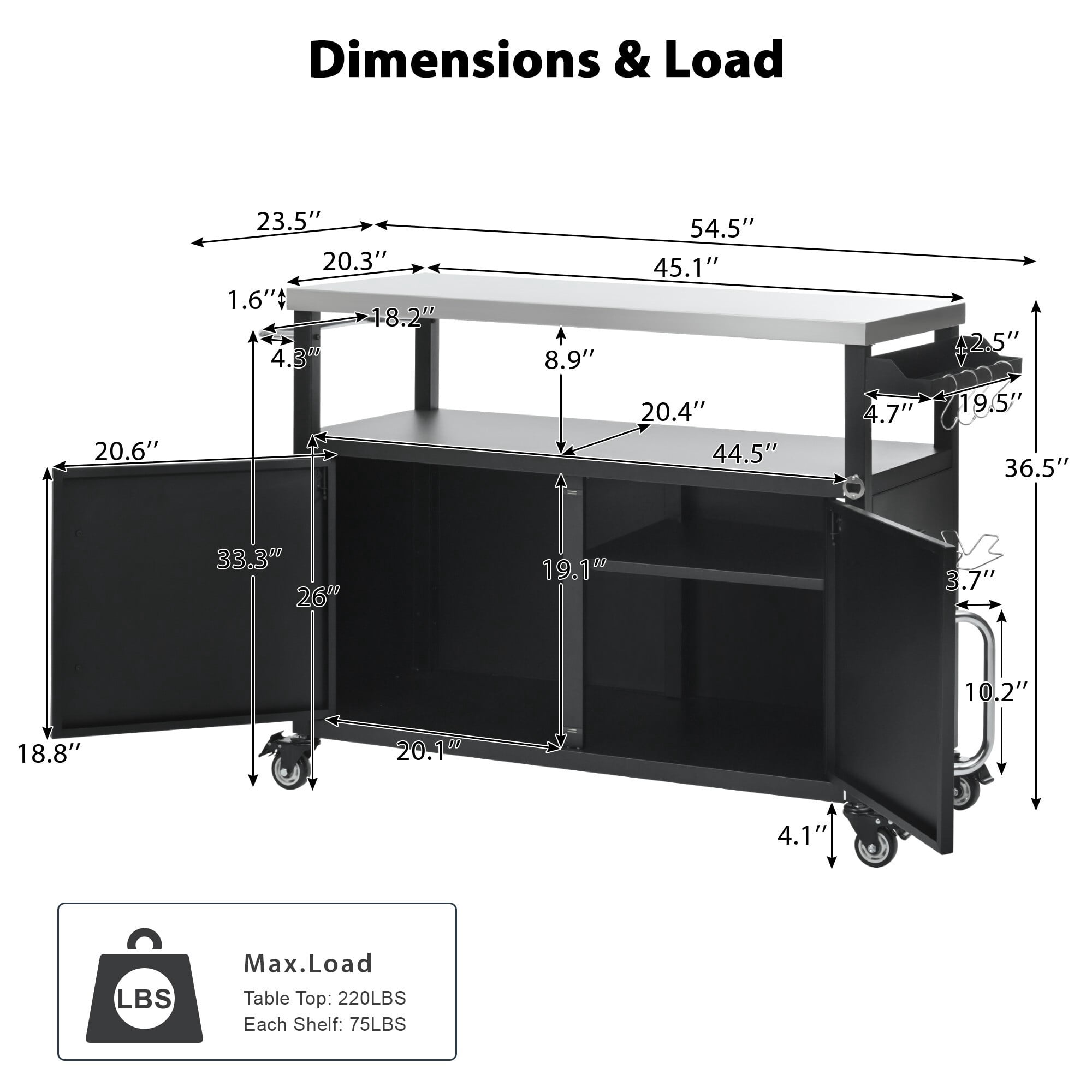 AENKYO Outdoor Metal Grill Cart Kitchen Island with Stainless Steel Tabletop, Storage and Wheels, Black