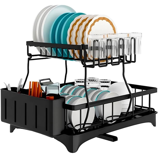 Raganet, Escurridor de Trastes Profesional de 2 Niveles, Diseño de Acero Inoxidable Color Negro con Bandeja de Canaleta en 360°, Soporte de Vajilla, Vasos, Cubiertos y Accesorios de Cocina