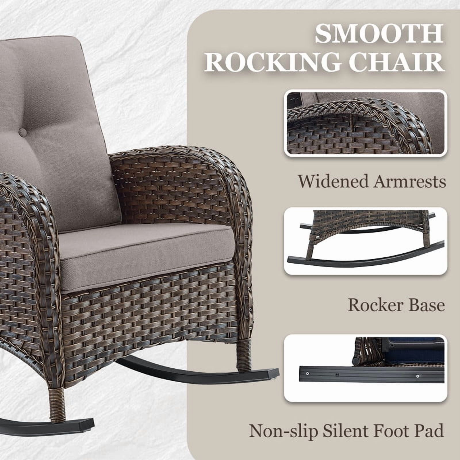 PARKWELL 5 Pieces Outdoor Patio Furniture Set with Fire Pit Table,All Weather Wicker Cushioned Rocking Chairs,Loveseat Glider for Garden Lawn Balcony Porch Deck,Brown/Gray