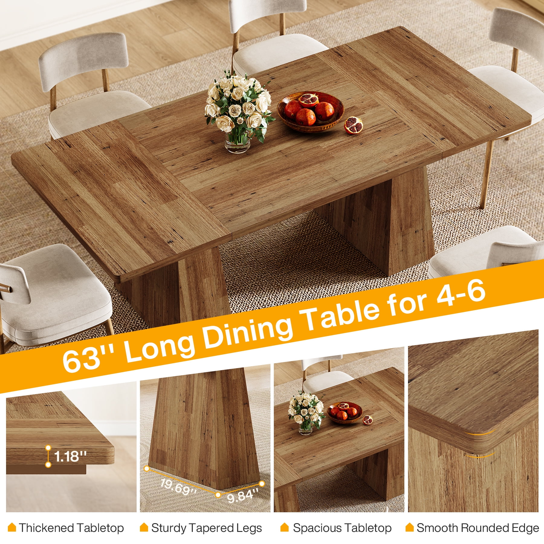 Finmind 63-inch Farmhouse Dining Table for 4-6 People, Modern Wooden Rectangular Kitchen Table for Dining Room, Light Brown