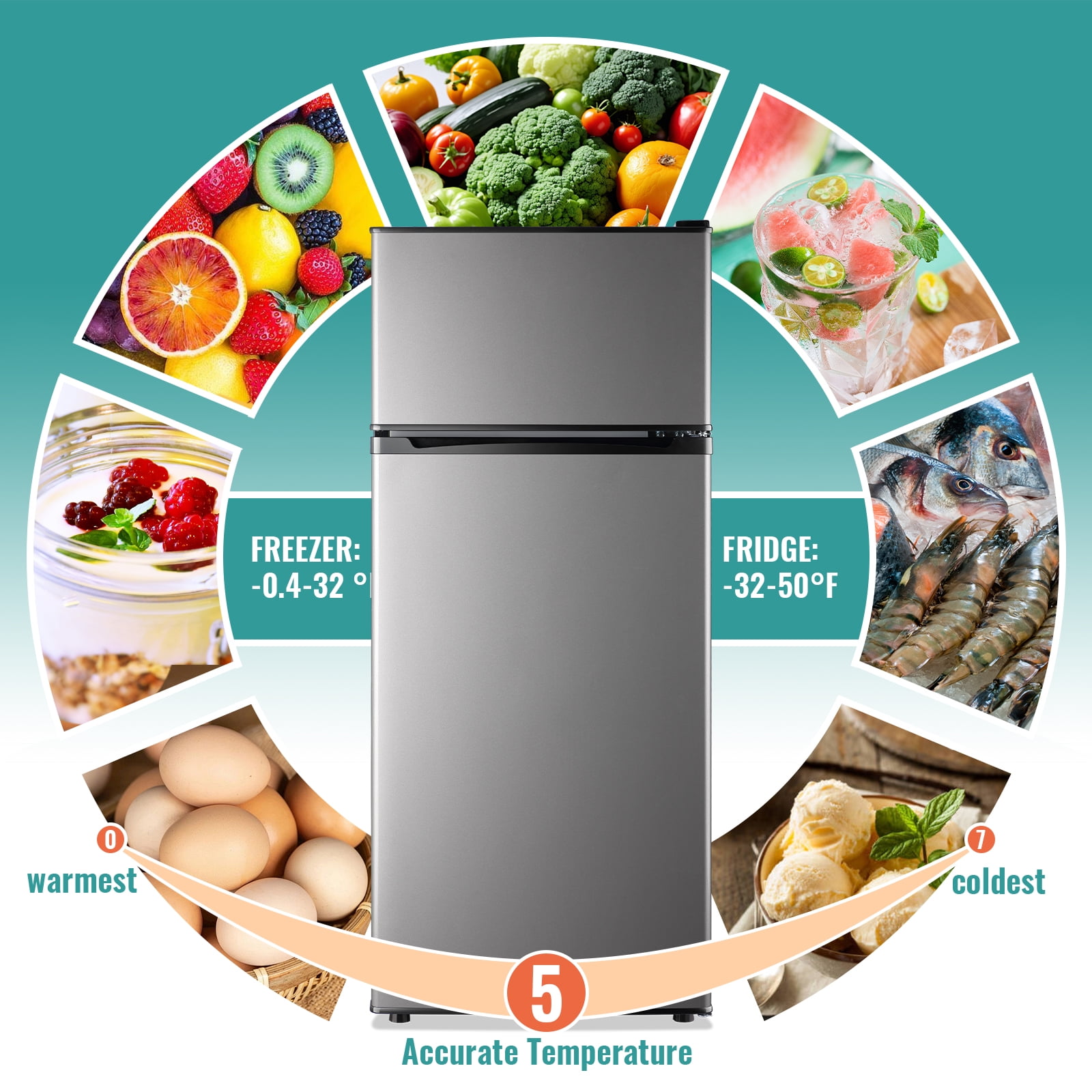 TACOOL Small Refrigerator with Top Freezer 4.6Cu.ft Two Door Mini Fridge with LED Light Extra Drink Space for Apartment Silver