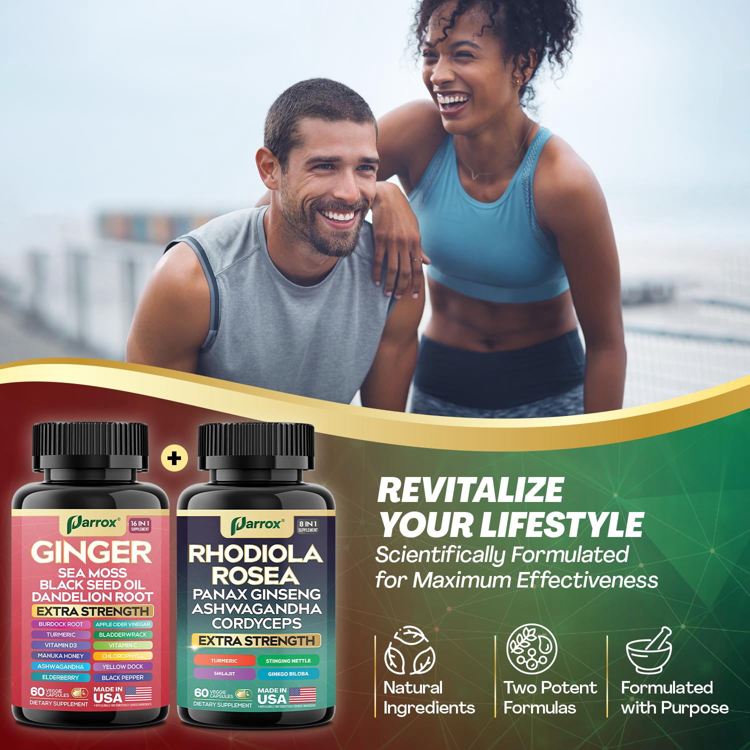 Parrox Dynamic Duo Herbal Bundle, Ginger, Rhodiola Rosea, Sea Moss, Ashwagandha, Black Seed Oil, Panax Ginseng, Turmeric, Dandelion, Cordyceps, Ginkgo Biloba, ACV, Elderberry, Manuka Honey