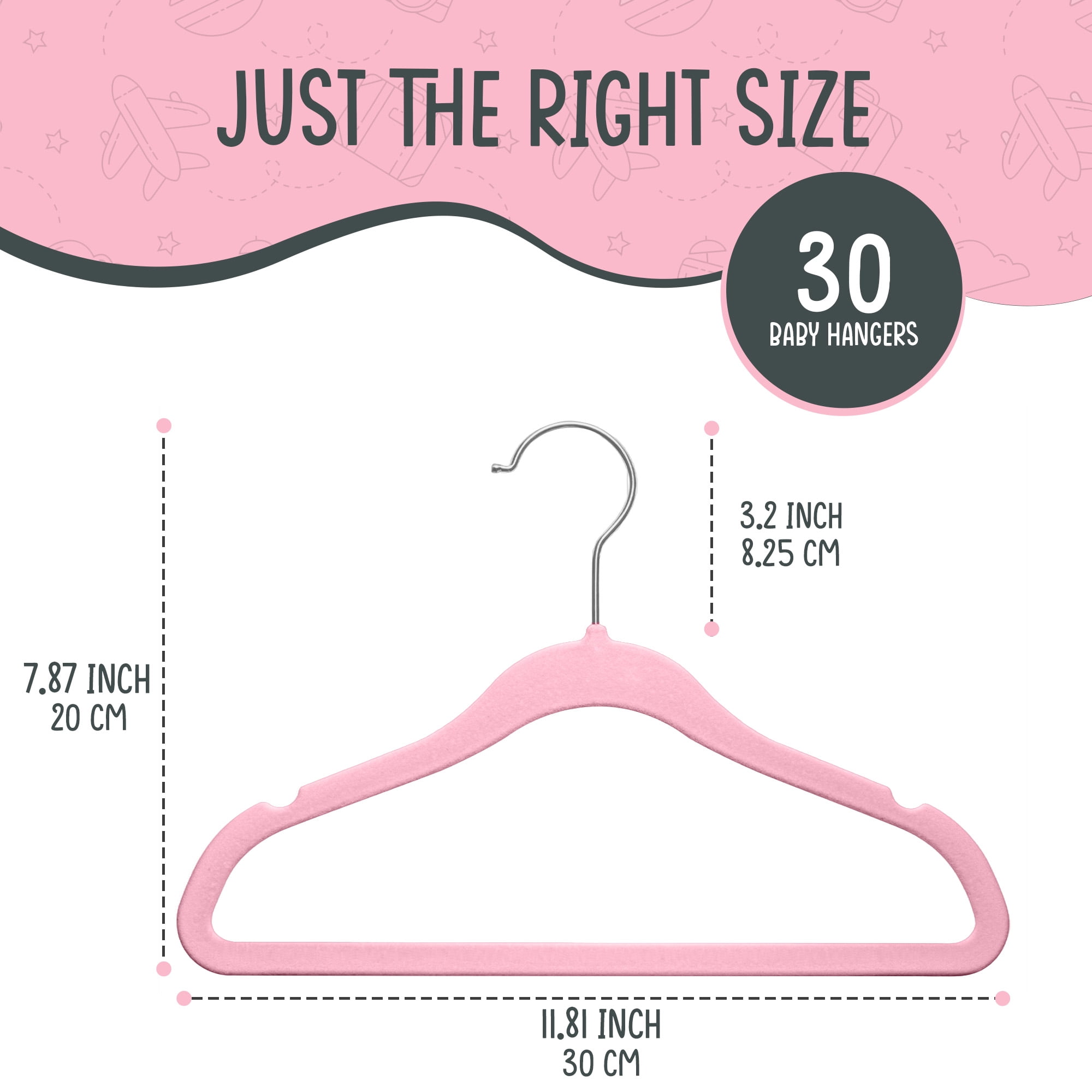 Techzoo Premium Baby Velvet Hangers 30 Pack – 11.8" Non Slip Felt Cloth Hangers for Closet – Ultra Slim, Space Saving Baby Clothes Hangers with 360° Swivel Hook Infant Hangers – Pink