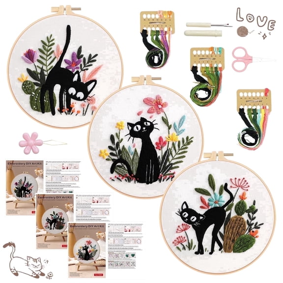 RidaaFri Beginner Embroidery Kit (3-Set Bundle): Cat-Themed DIY Craft Set for Adults, Including Step-by-Step Video Tutorials