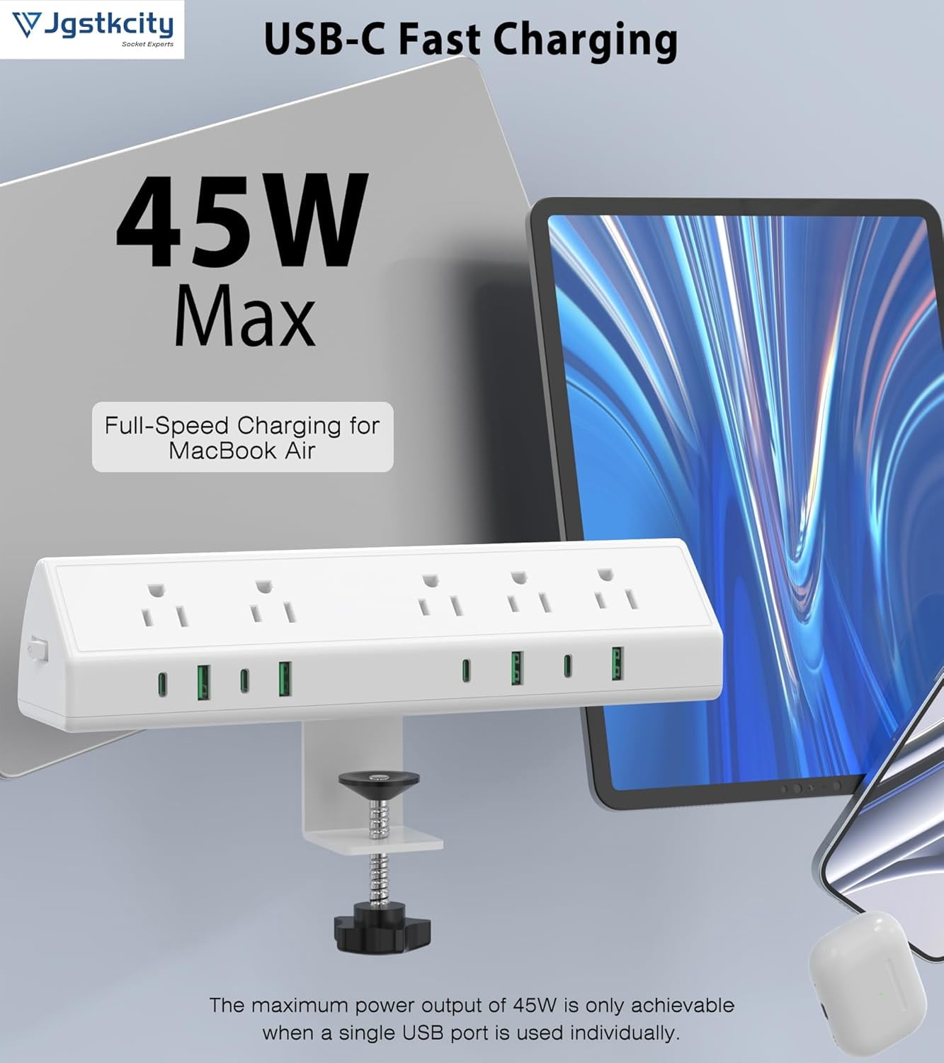 45W Fast Charging Station Desk Clamp Power Strip with 4 USB-C & 4 USB-A Ports, Surge Protector, 1875W Extension Cord, 6 FT, ETL Listed for Home Office Dorm, White