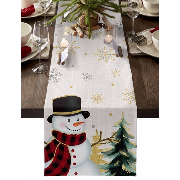 Christmas Table Runner Snowman Golden Snowflake Table Runners Pine Tree Linen Cotton Linen Dresser Scarf Kitchen Dining Table Decor for Christmas Holiday Party Decor 13x36 Inch